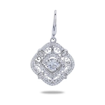 Dancing Diamond center stone surrounded by cushion shaped filigree design with inner and outer border of single row of round CZs hanging from french wire