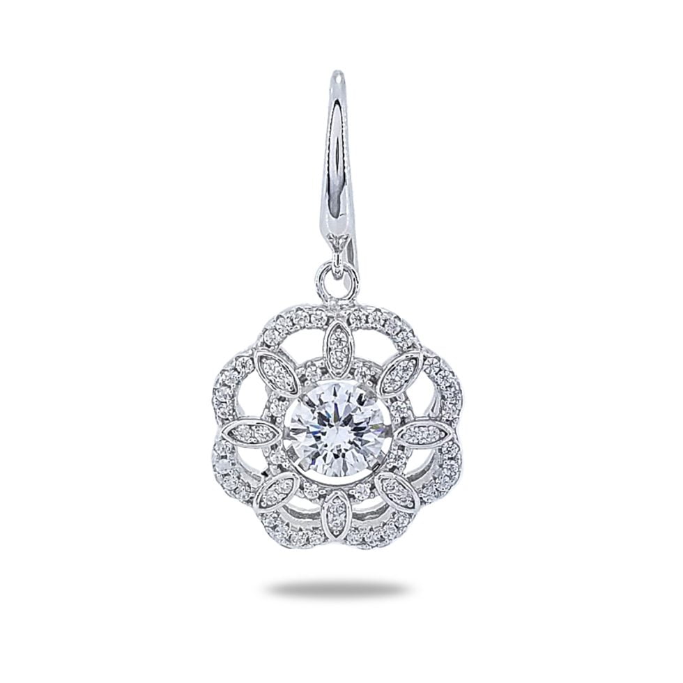Dancing Diamond center stone surrounded by eight-section flower/star design hanging from french wire