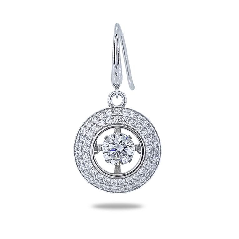 Dancing diamond center stone surrounded by dome design of pave' round CZs (slightly flatter dome) hanging from french wire