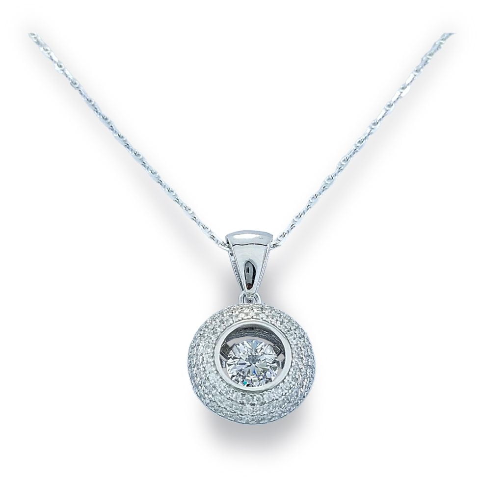Dancing diamond center stone surrounded by dome design of pave' round CZs (slightly high dome) with simple bale