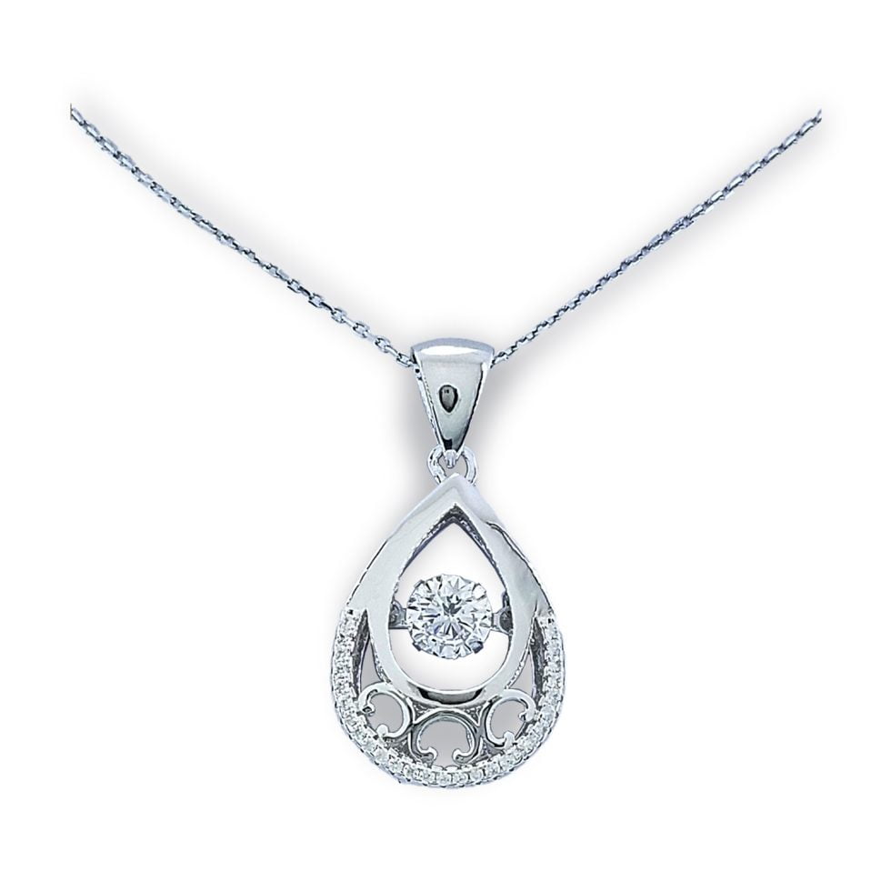 Dancing diamond center stone in tear drop shape mounting with open filigree design and micro set row of round CZs along lower border with simple bale