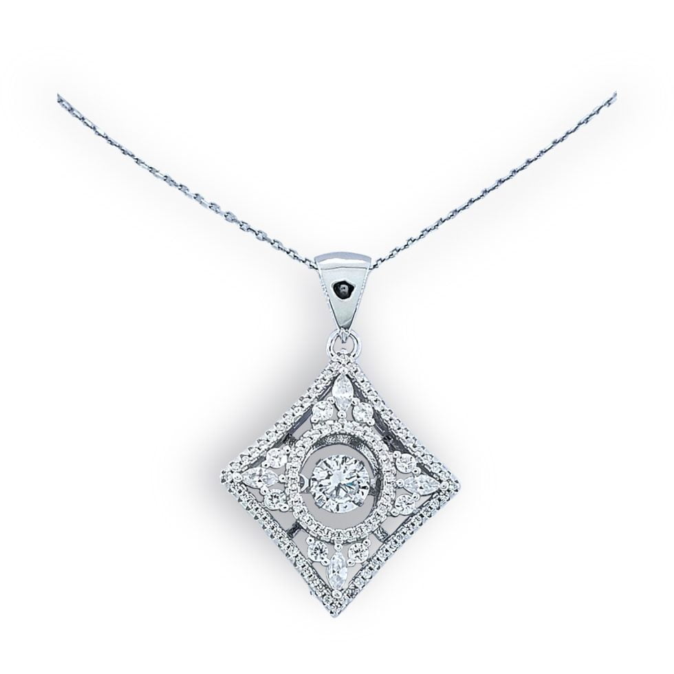 Dancing diamond center stone in diamond shaped mounting with two round and one marquise CZ at four points around center stone and row of micro set round CZs around border of mounting with simple bale