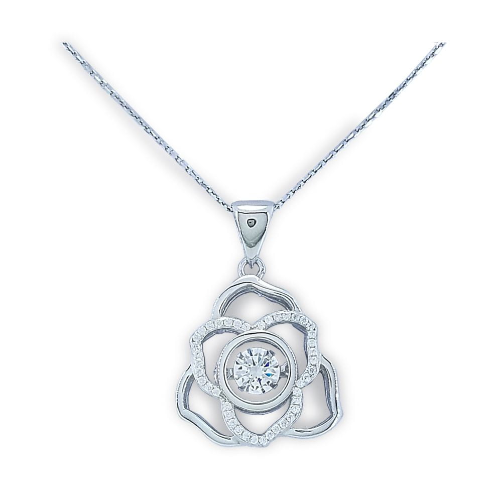 Dancing diamond center stone in open flower design with three 'petals' of solid metal and three 'petals' of micro set round CZs with simple bale