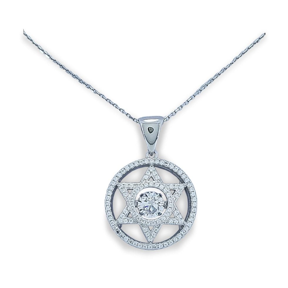 Dancing diamond center stone in open six-point star design with micro set round CZs and round border around with simple bale