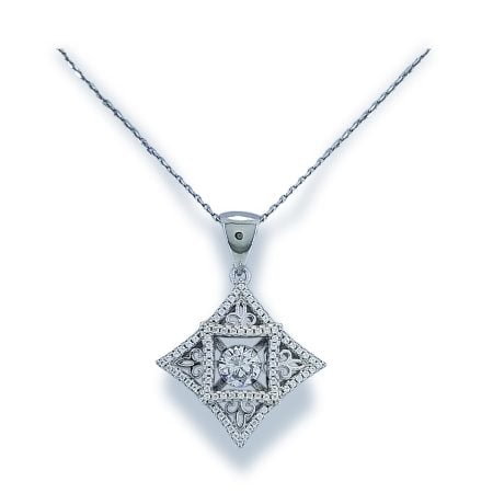 Dancing diamond center stone in diamond shaped mounting with filigree design at four points around center stone and staggered 'boxes' of micro set round CZs around border of mounting with simple bale