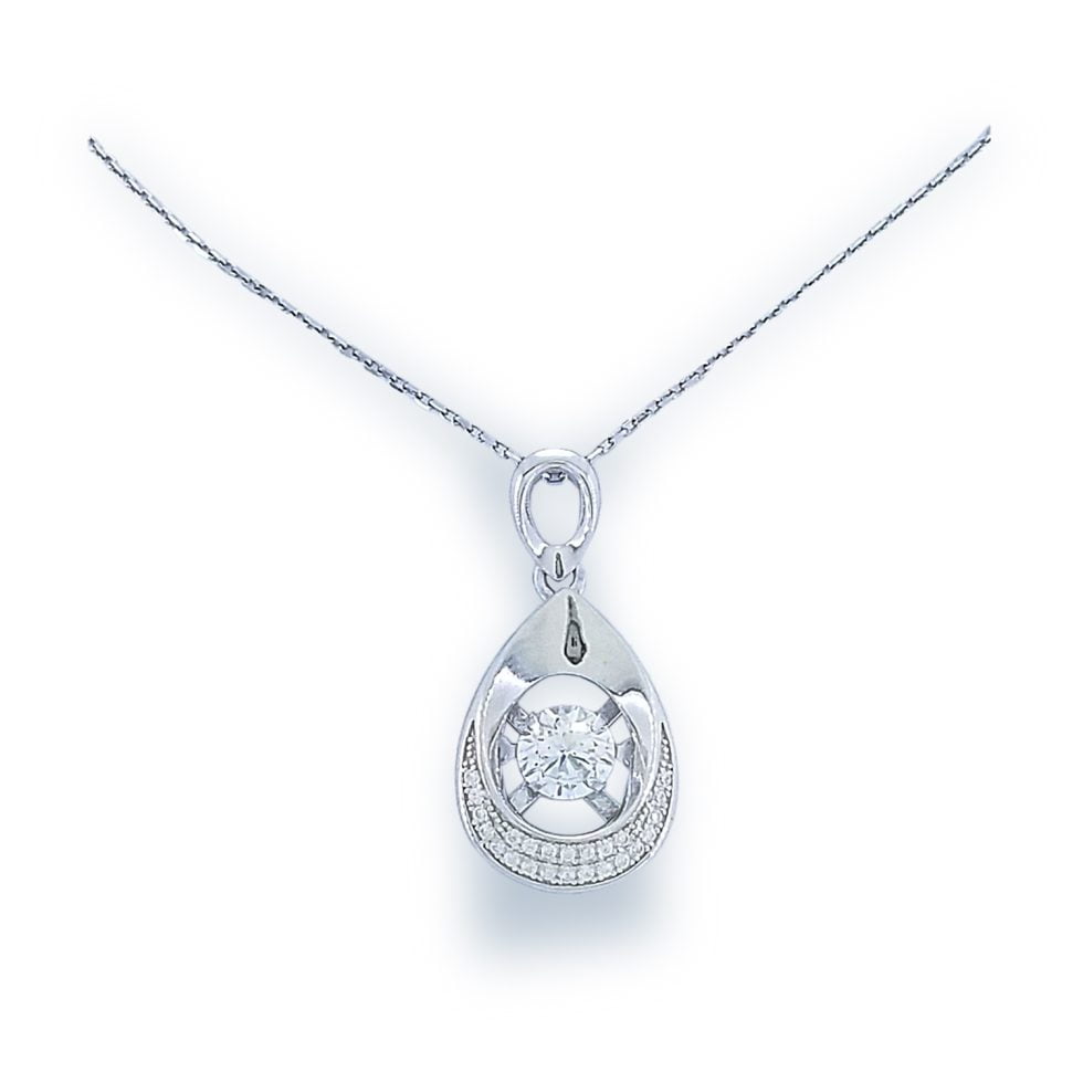 Dancing diamond center stone in open pear shaped mounting with bottom section of mounting covered in pave’ round CZs (slightly domed) and polished ‘concave’ top section with simple bale