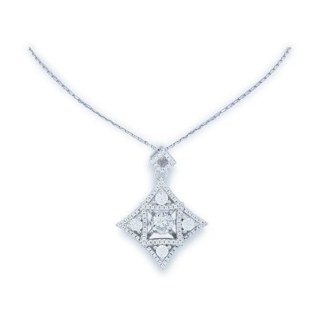 Dancing diamond center stone in diamond shaped mounting with 3mm round CZ at four points around center stone and staggered 'boxes' of micro set round CZs around border of mounting with square shape bale