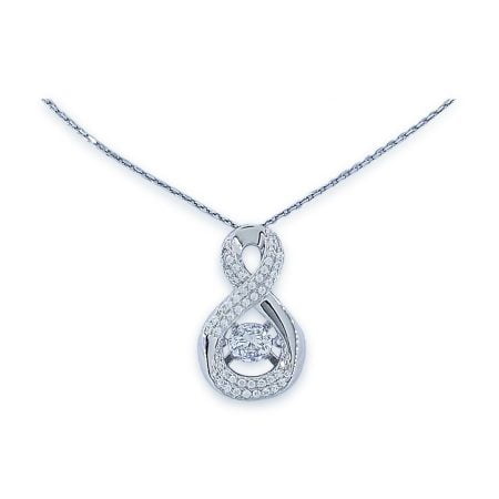 Dancing diamond center stone in 'ribbon' design mounting (infinity style) with pave' set round CZ section at bottom of pendant and criss crossing at middle of pendant with slide opening