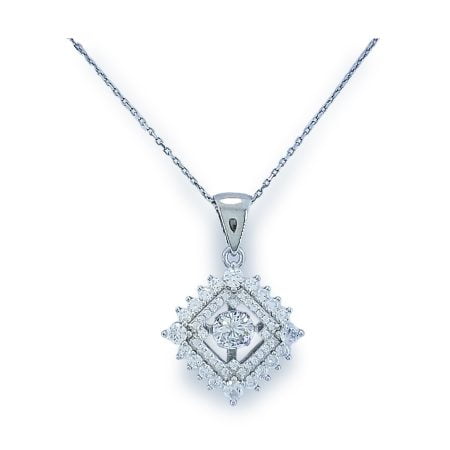 Dancing diamond center stone with diamond shaped mounting comprised of row micro set round CZs around and another row of prong set larger CZs immediately around first row with simple bale