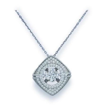 Dancing diamond center stone in diamond shaped mounting with single row of micro set round CZs around center stone surrounded by pave' set CZs in slightly domed border with slide opening