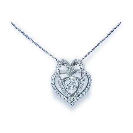 Dancing diamond center stone in open double overlapping heart design with micro set CZs with slide opening