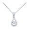 Dancing diamond center stone in open tear drop shaped mounting with single row of micro set round CZs along outline of mounting with simple bale