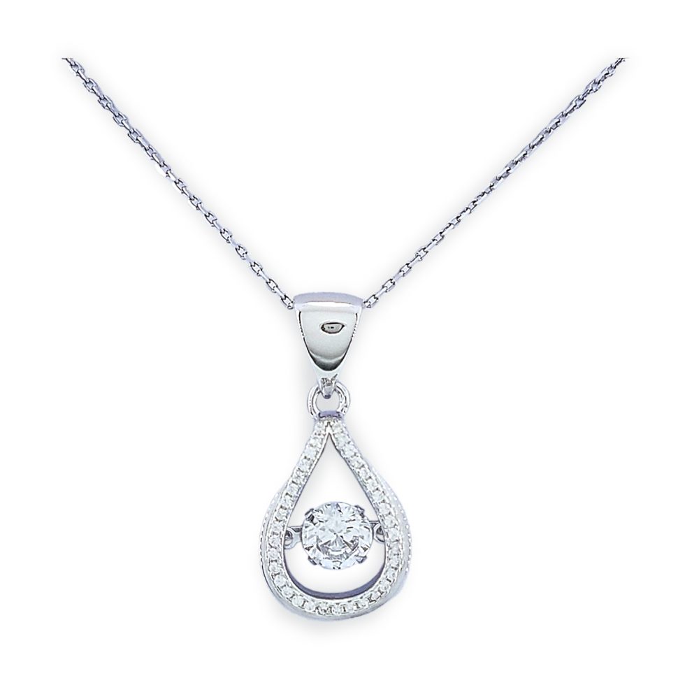 Dancing diamond center stone in open tear drop shaped mounting with single row of micro set round CZs along outline of mounting with simple bale
