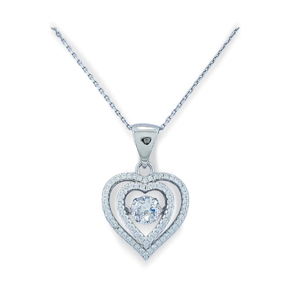 Dancing diamond center stone in heart shaped mounting comprised of one open heart of micro set CZs inside outer row CZs with simple bale