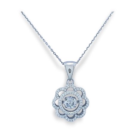 Dancing diamond center stone in eight petal flower shape open design of micro set CZs with simple bale
