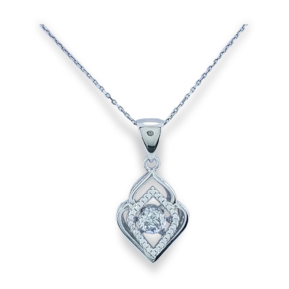Dancing diamond center stone surrounded by open diamond shape row of micro set CZs with open outline of 'vase' shaped solid border with simple bale