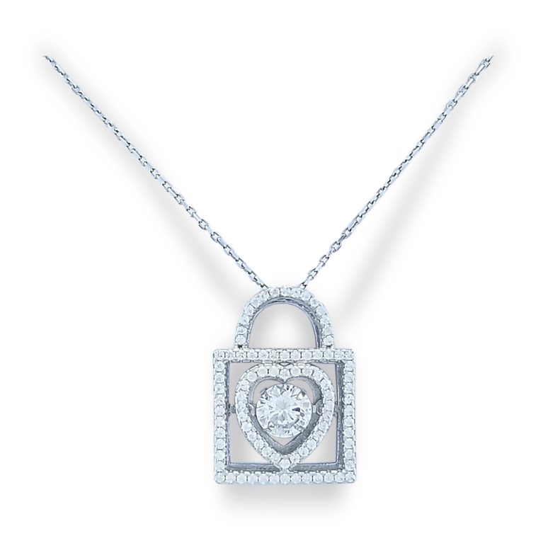 Dancing diamond center stone in 'lock' shaped open design of micro set CZs with heart shaped row of CZs around center stone with simple bale