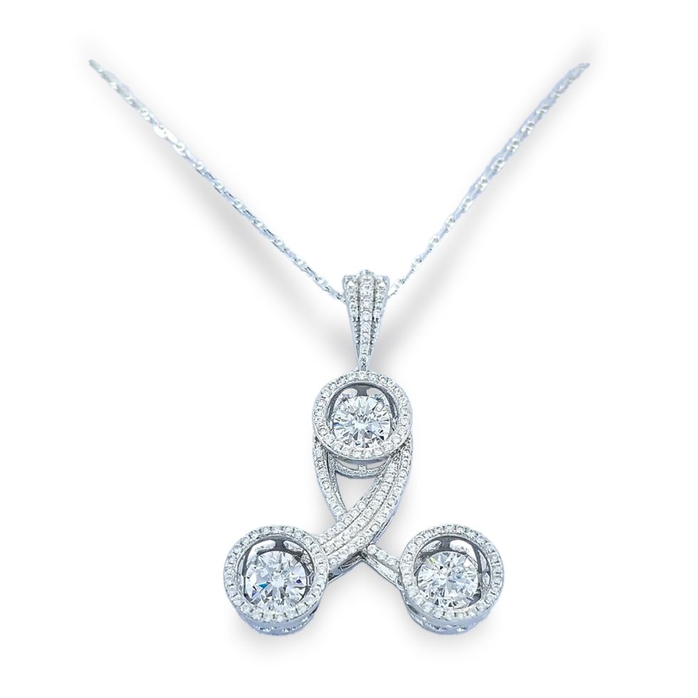 Dancing Diamond TRIPLE center stones, each surrounded by micro set halo "Crossing-Comet" design with round CZs pave' bale