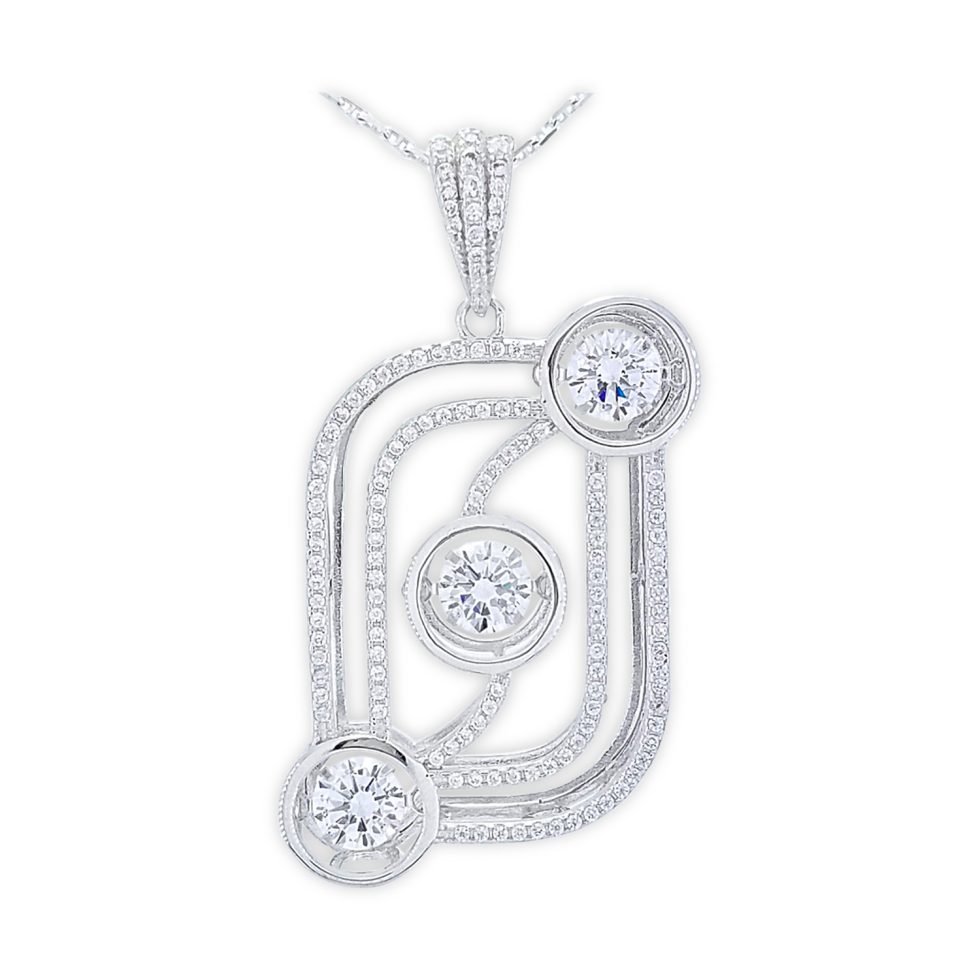 Dancing Diamond TRIPLE center stones diagonally set, each surrounded by micro set halo in open rounded rectangle overall design with round CZs pave' bale
