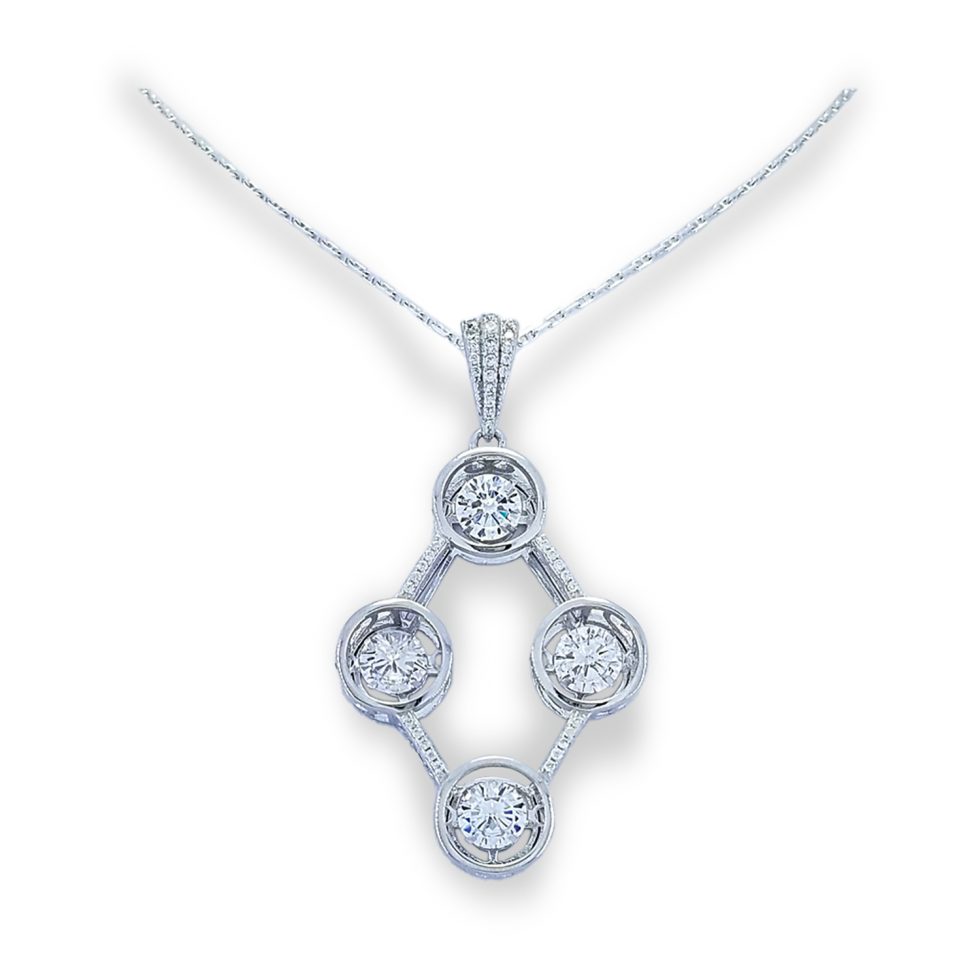 Dancing Diamond QUADRUPLE center stones, each surrounded by micro set halo in open diamond overall shape with round CZs pave' bale