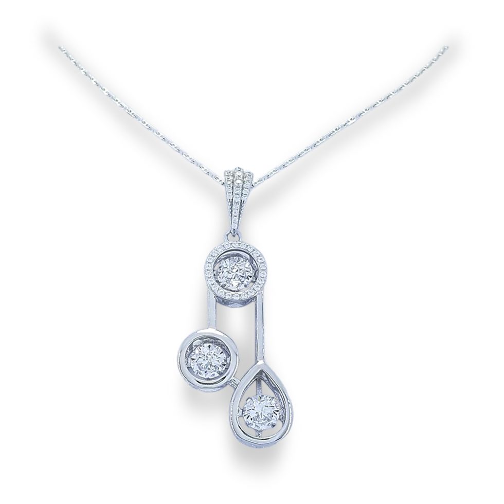 Dancing Diamond TRIPLE center stones, with pear shape halo and round halo "Dripping" from center stone at top surrounded by micro set halo with round CZs pave' bale
